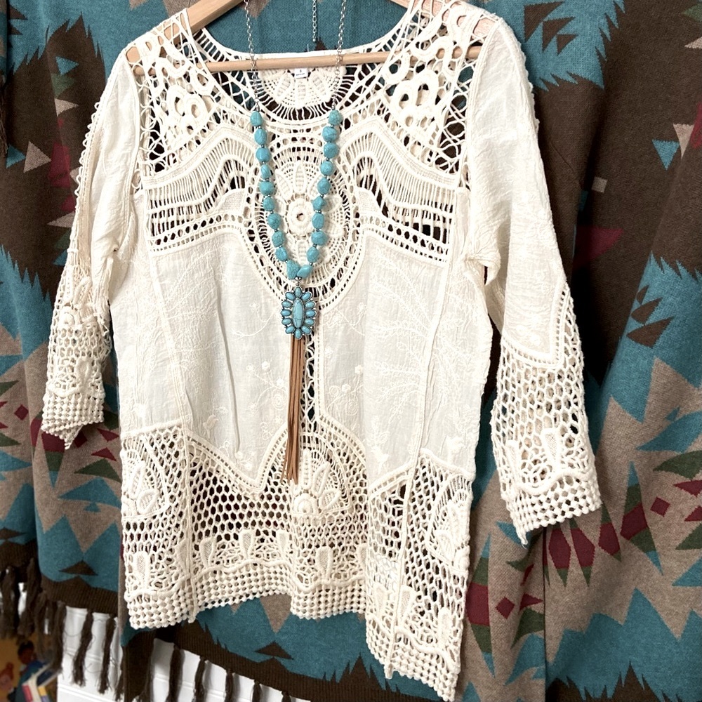 Boho Crochet Blouse Cream Gorgeous Detailed Fabric